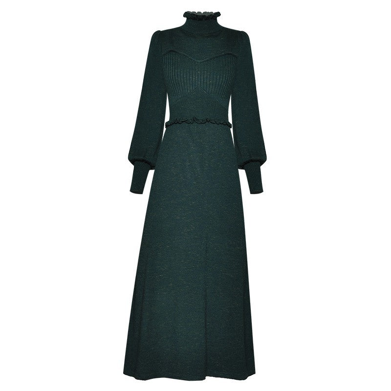 High-Necked Long-Sleeved Stretch Waist Knitted Mid-Length Warm Bottoming Dress