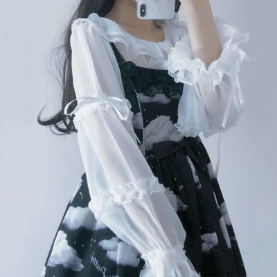 Translucent shirt Ruffle Chiffon bubble sleeve shirt