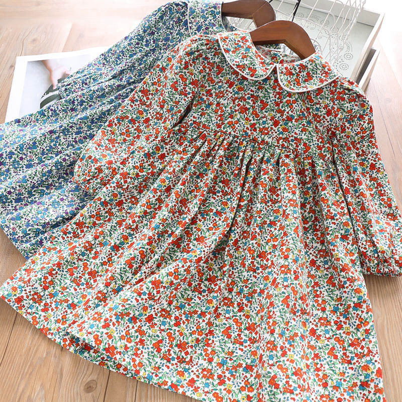 Robe en coton à manches longues pour fille avec petites fleurs