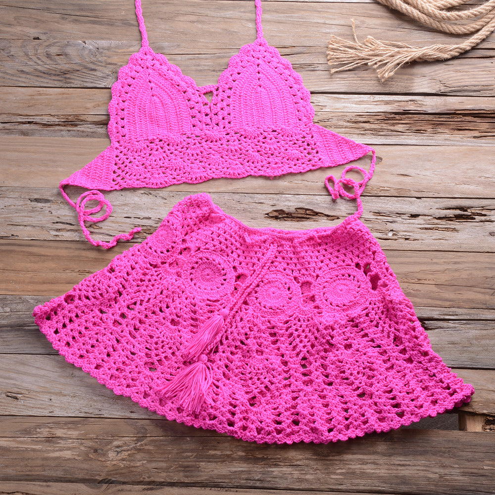 Hand Crocheting Bikini Wrapped Chest with Sexy All-Matching Hollow Out Cutout Pleated Skirt Split Swimsuit