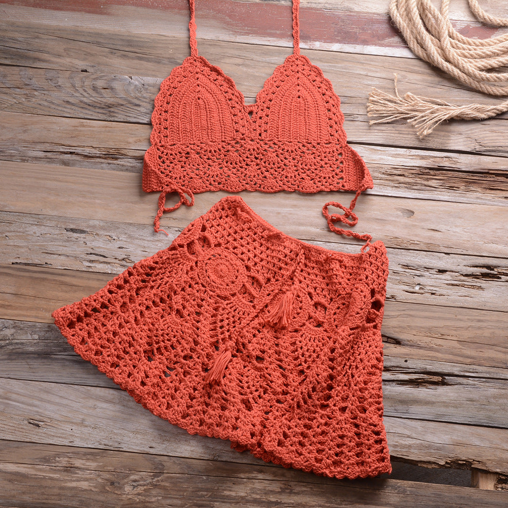 Hand Crocheting Bikini Wrapped Chest with Sexy All-Matching Hollow Out Cutout Pleated Skirt Split Swimsuit