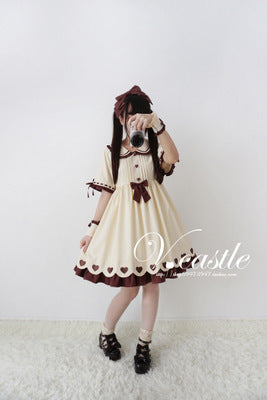 Caramel Pudding Women's Cute Beige Lolita Dress Short Sleeve Heart Buttons Summer One Piece Color Beige