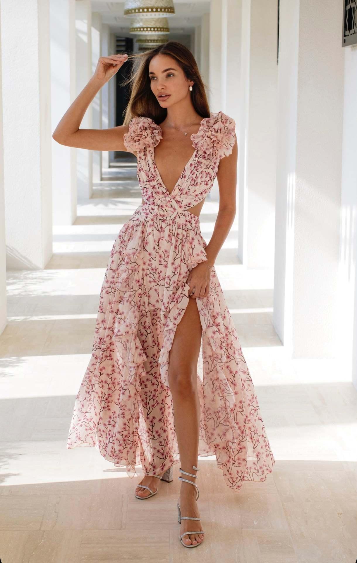 Deep V Ruffled Floral Backless Dress