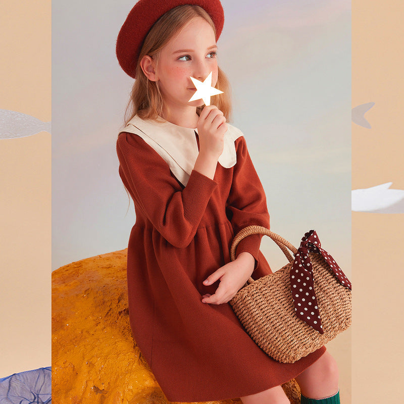 Autumn And Winter Red Girls' Woolen Dress