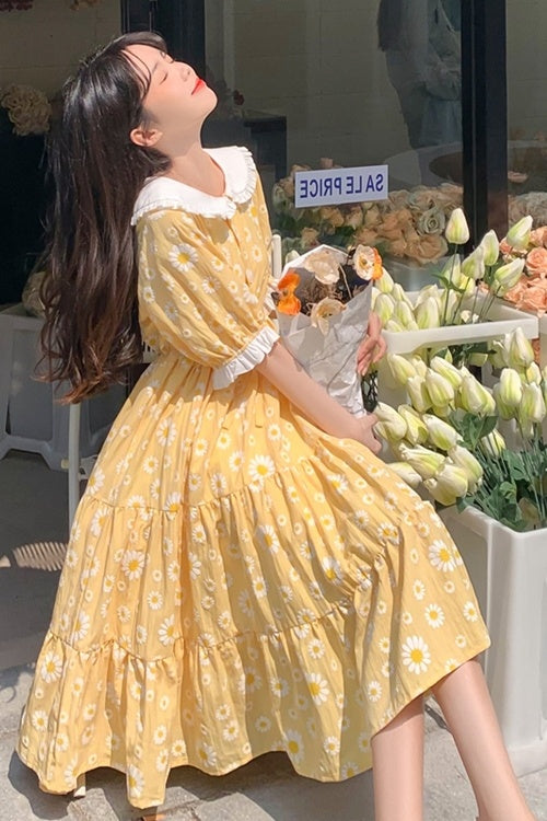 Long Skirt Small Girl Cute Yellow Floral Waist Dress