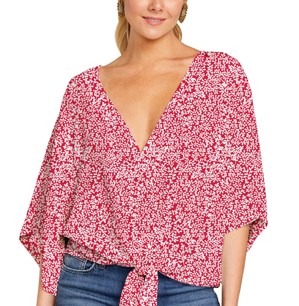 Camisa con cuello en V Top con estampado floral Ropa con estampado anudado de manga corta