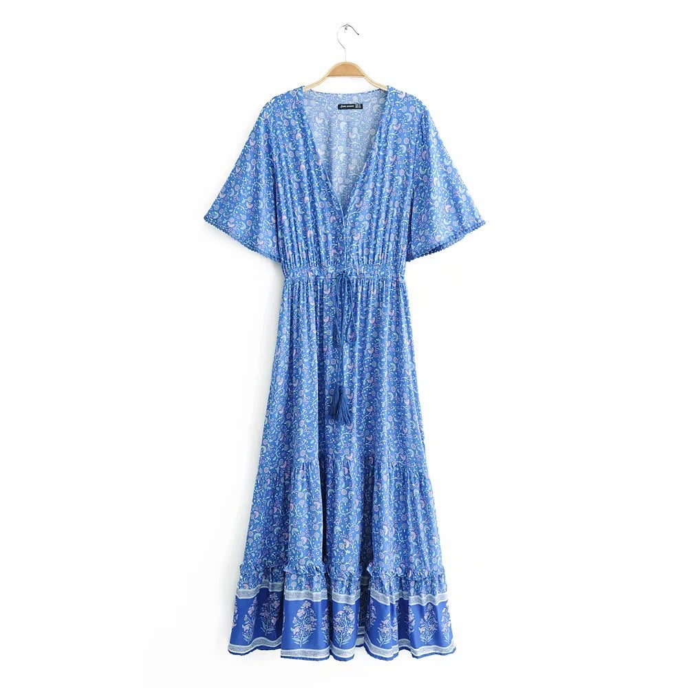 Vacation Positioning Printed Tassel Waist-Controlled Lace-up Beach Large Swing Dress Women Summer V-neck Short Sleeve Dress