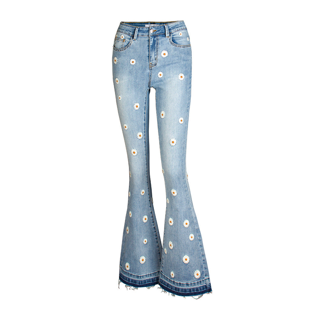 Women Wide Leg Jeans Embroidered Horn Daisy Jeans Women Wide Leg Jeans