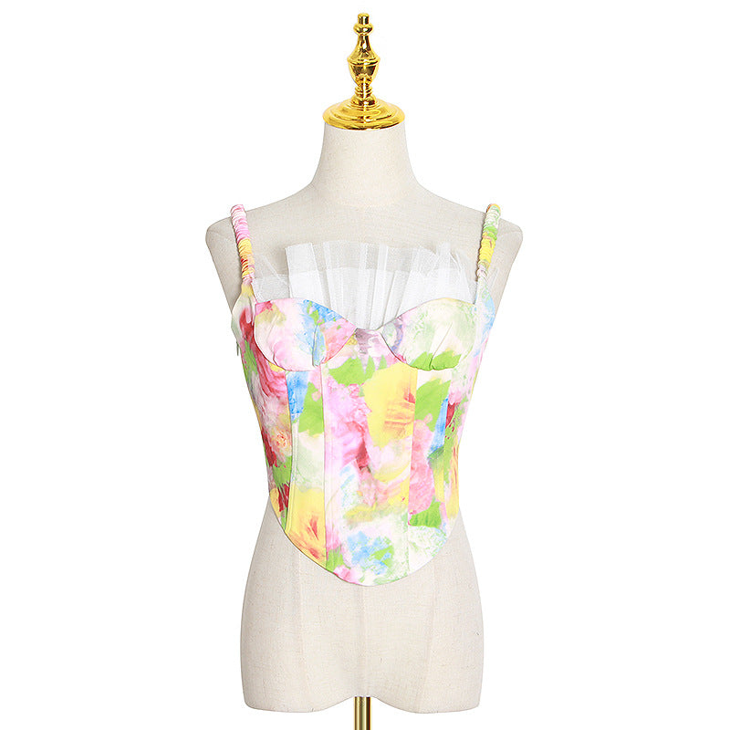 Autumn Printing Three-Dimensional Mesh Stitching Spaghetti Strap Camisole Top Women