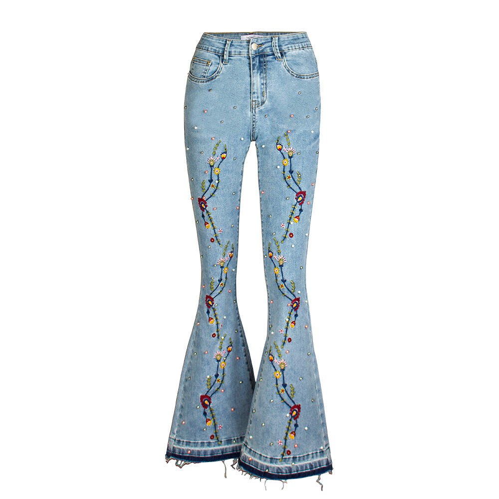 Women Wide-Leg Jeans Embroidered Flared Jeans Women Pants