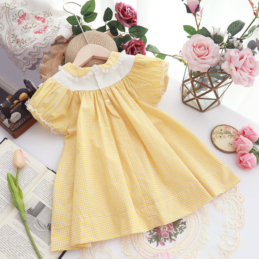 Fashion Kids Yellow Plaid Embroidery Retro