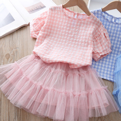 Cute Two-piece Plaid Short-sleeved Mesh Princess Dress