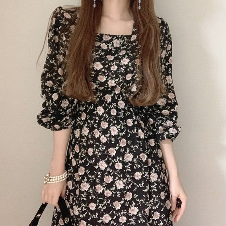 Floral Square Neck Chiffon Dress