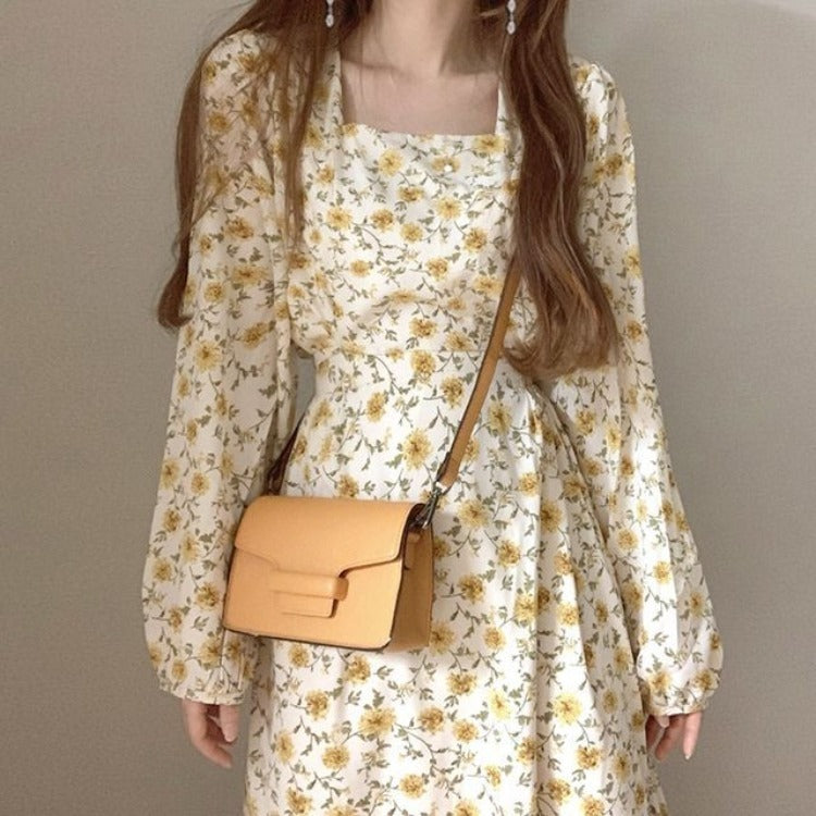 Floral Square Neck Chiffon Dress