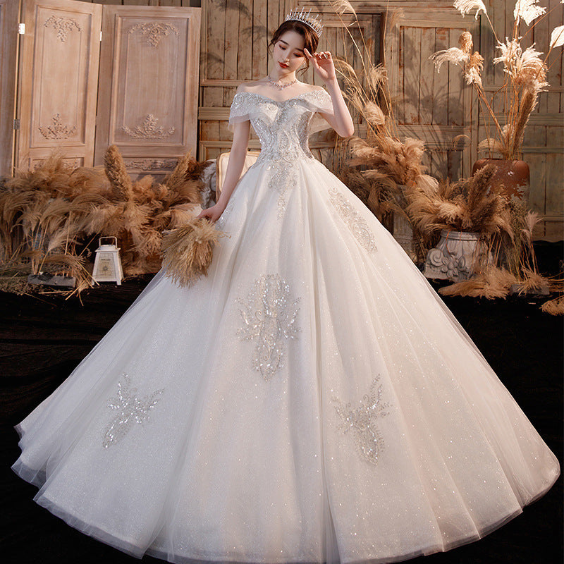 Robe de mariée traînante industrie lourde, asymétrique épaule dénudée, tempérament féminin forêt, jupe Super féerique, ciel étoilé