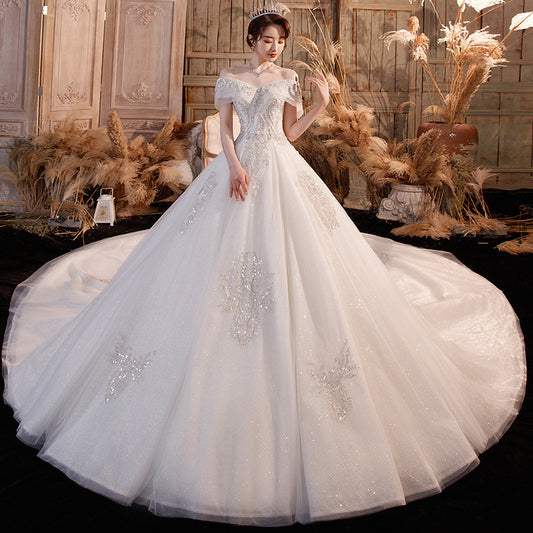 Vestido de novia con un solo hombro, industria pesada, temperamento nupcial, bosque femenino, falda de cielo estrellado de sueño de Súper Hada