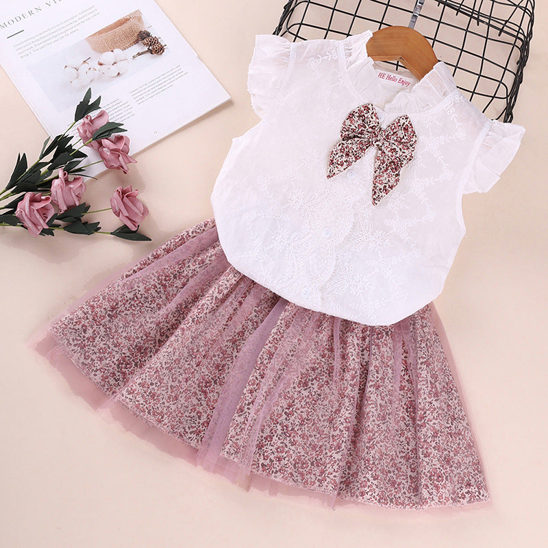 Foreign Trade Hot-Selling Children's Clothing Spring And Summer New Girls Sleeveless Bowknot Shirt Floral Mesh Skirt Suit