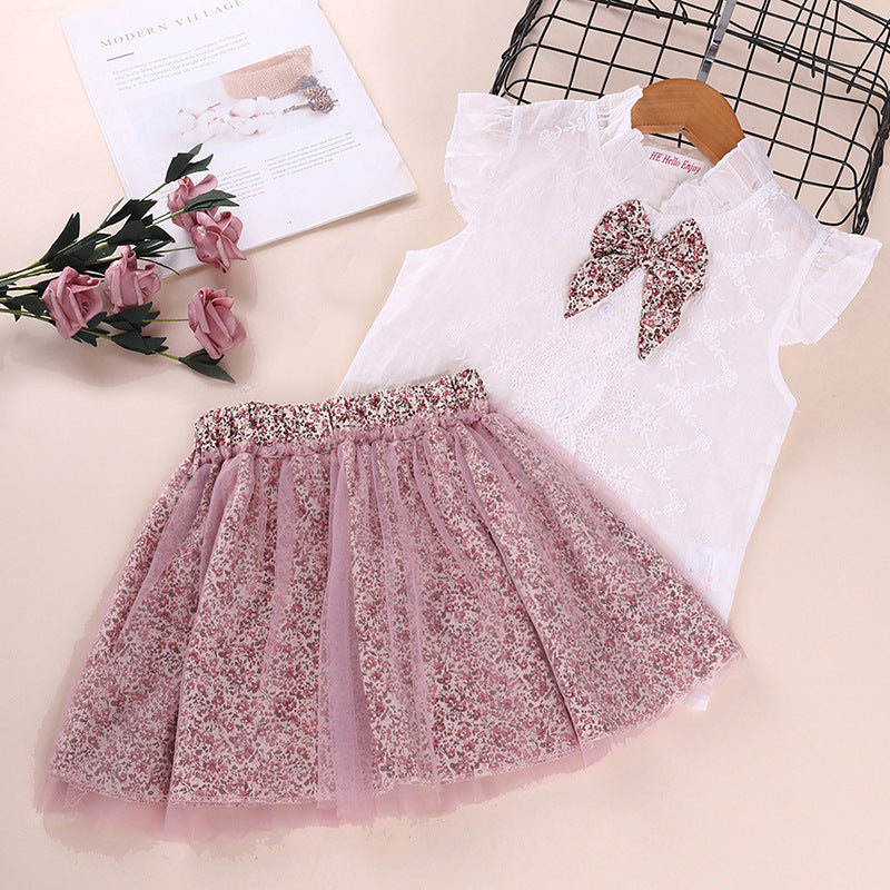 Foreign Trade Hot-Selling Children's Clothing Spring And Summer New Girls Sleeveless Bowknot Shirt Floral Mesh Skirt Suit