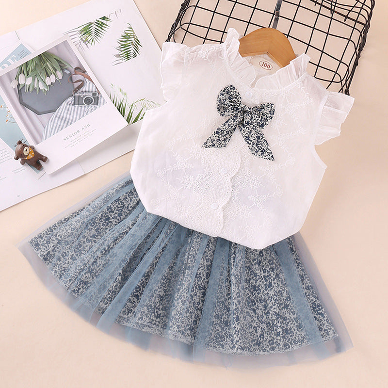 Foreign Trade Hot-Selling Children's Clothing Spring And Summer New Girls Sleeveless Bowknot Shirt Floral Mesh Skirt Suit