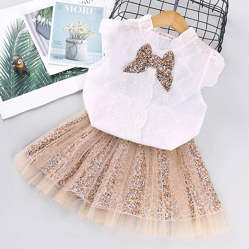 Foreign Trade Hot-Selling Children's Clothing Spring And Summer New Girls Sleeveless Bowknot Shirt Floral Mesh Skirt Suit