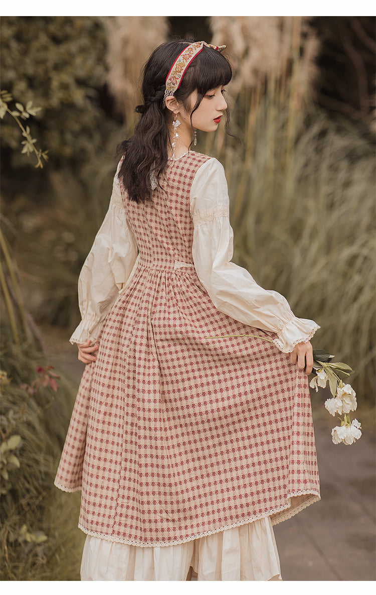 Robe de Style pastoral pour filles, bretelles avec nœud papillon, oreilles en bois, col carré, Plaid Palace, robe rétro française