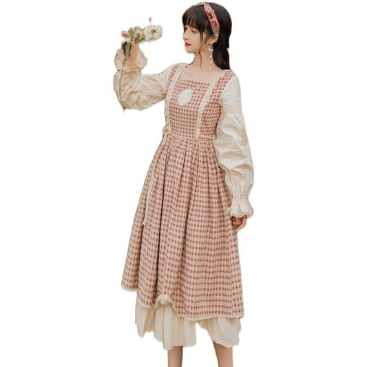 Robe de Style pastoral pour filles, bretelles avec nœud papillon, oreilles en bois, col carré, Plaid Palace, robe rétro française