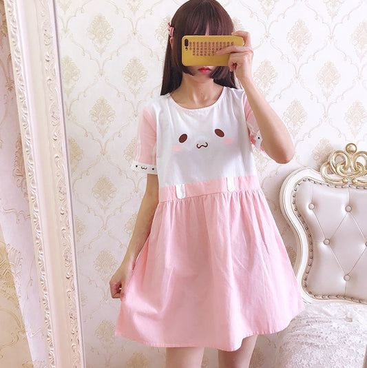 Summer New Style Japanese College Style Cute Cat Embroidery Cotton And Linen Loose Short-Sleeved Dress Women