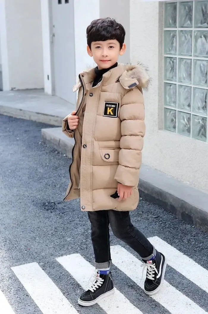 Abrigo infantil de algodón con capucha, cuello de piel y chaqueta acolchada de algodón