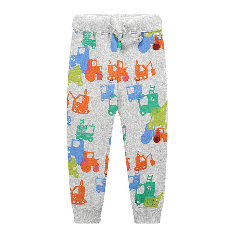 Children'S Excavator Pattern Spring And Autumn Cotton Class A Full Printing Engineering Truck Hook Crane Western Style Pants