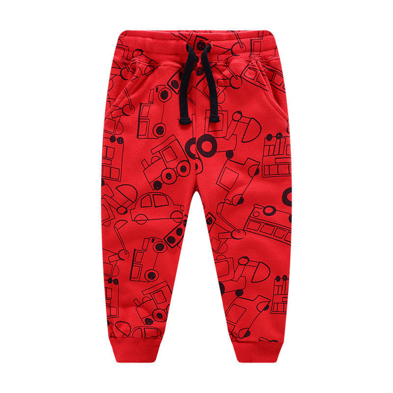 Children'S Excavator Pattern Spring And Autumn Cotton Class A Full Printing Engineering Truck Hook Crane Western Style Pants