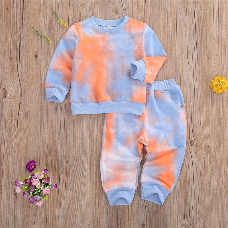 Conjunto de ropa para niños Tie-Dye Tops con cuello en O de manga larga para niños pequeños