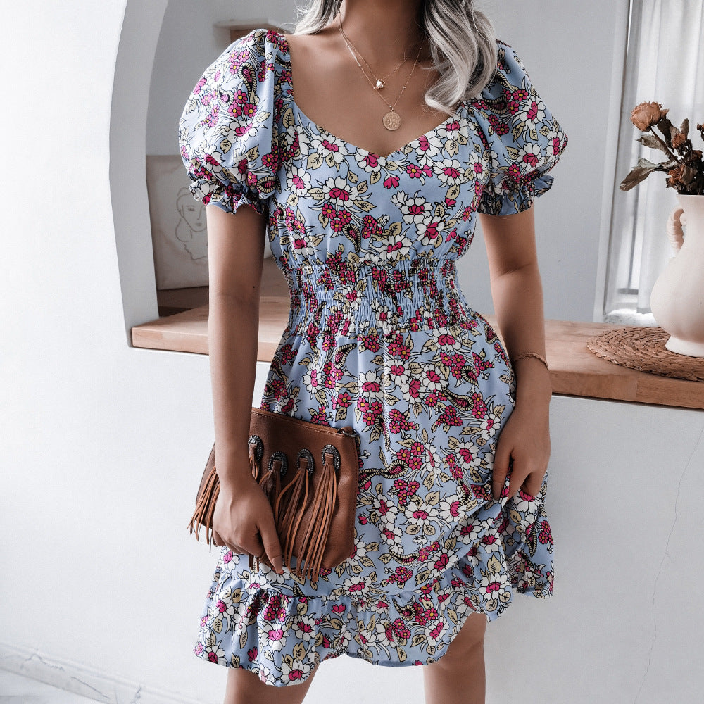 Lantern Sleeve Floral Casual Ruffle Dress