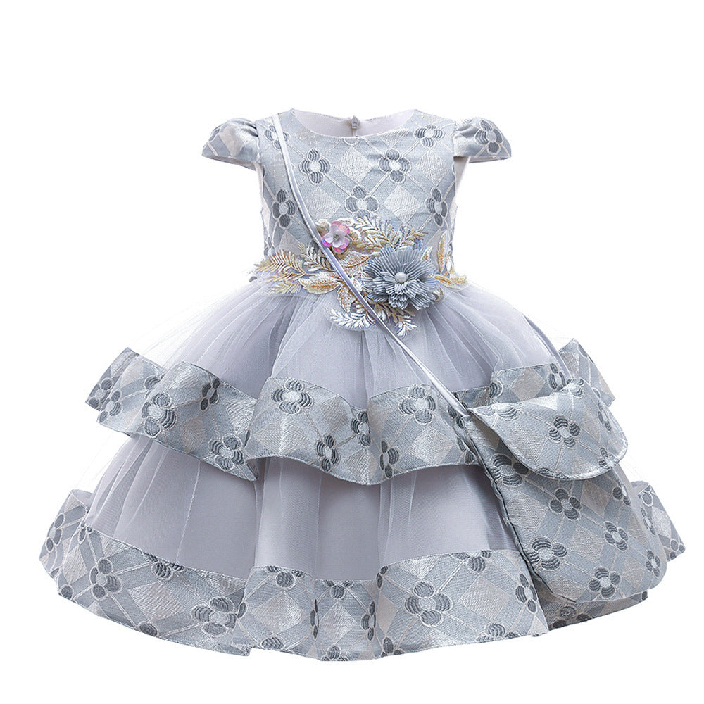 Robe de princesse brodée pour filles, tenue bouffante multicouche de mariage, Costume avec sac