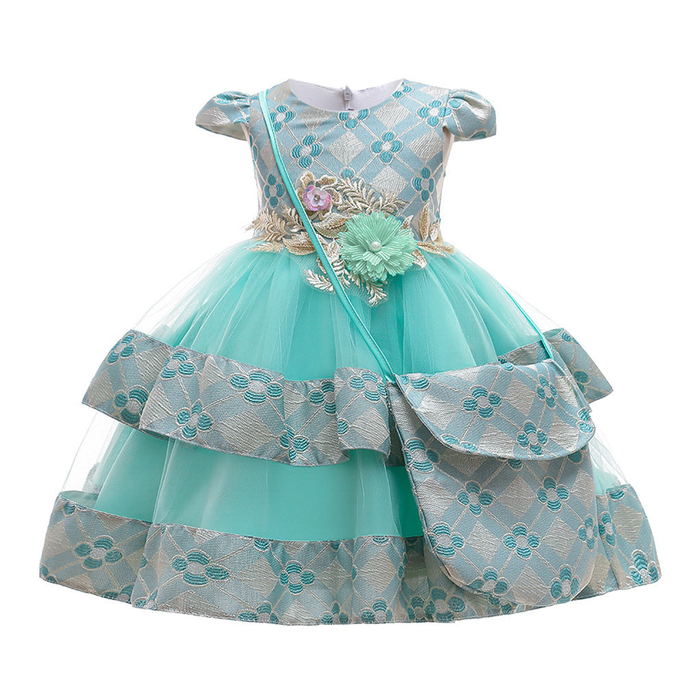 Robe de princesse brodée pour filles, tenue bouffante multicouche de mariage, Costume avec sac