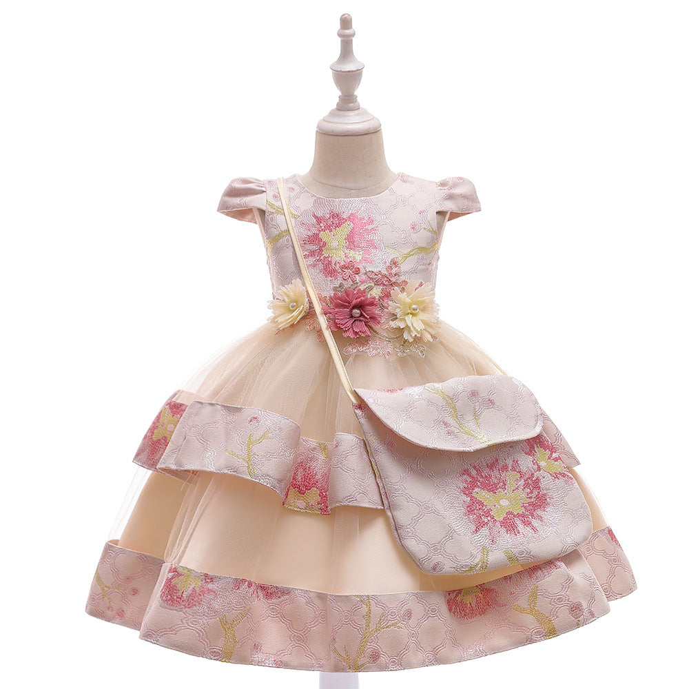 Robe de princesse brodée pour filles, tenue bouffante multicouche de mariage, Costume avec sac