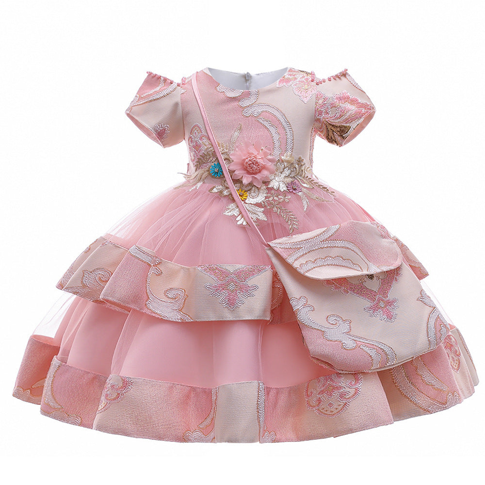 Robe de princesse brodée pour filles, tenue bouffante multicouche de mariage, Costume avec sac