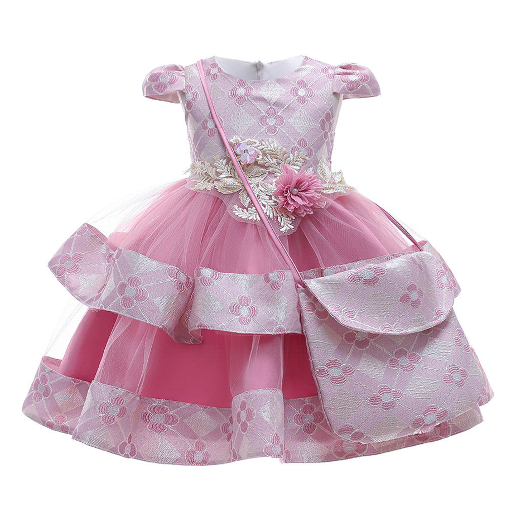 Robe de princesse brodée pour filles, tenue bouffante multicouche de mariage, Costume avec sac