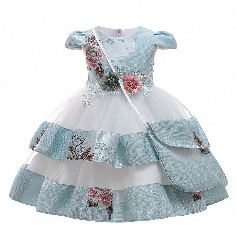 Robe de princesse brodée pour filles, tenue bouffante multicouche de mariage, Costume avec sac