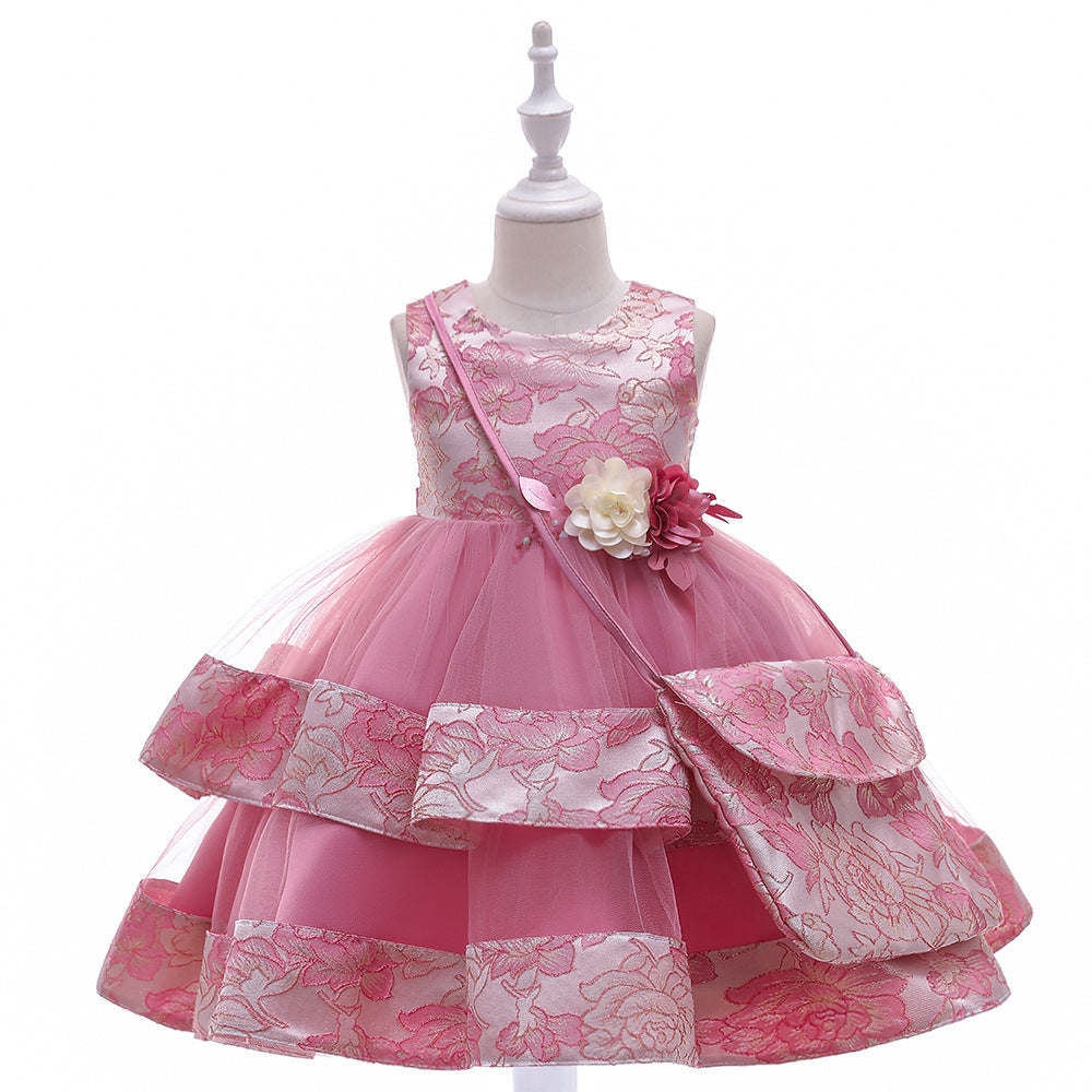 Robe de princesse brodée pour filles, tenue bouffante multicouche de mariage, Costume avec sac