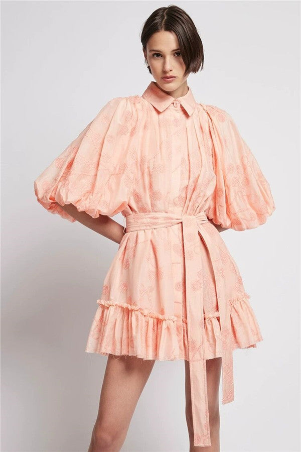 Bubble Sleeve Long Sleeve Flower Embroidery Bandage Waist Pink Dress Skirt