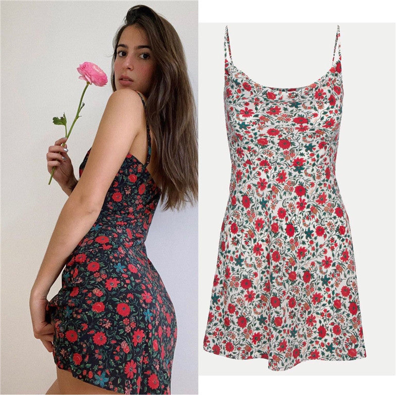 Robe à bretelles en soie à col rond et motif floral