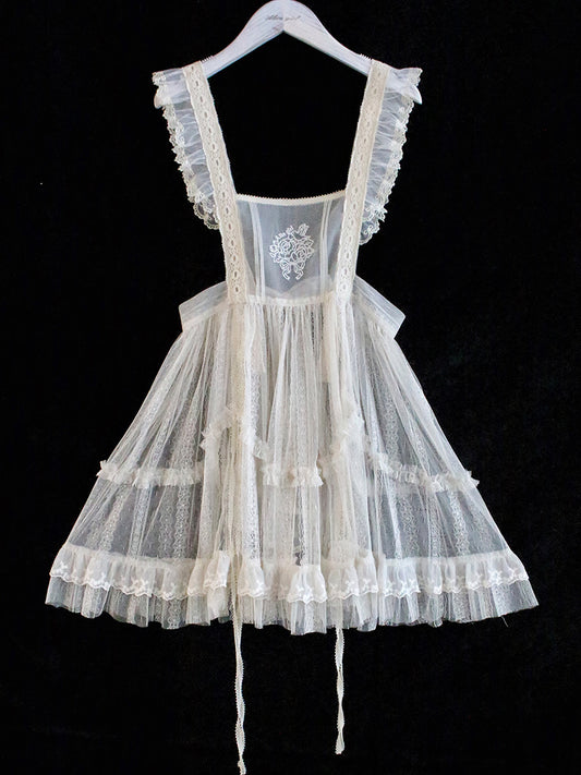 Robe tablier en voile de maille brodée de fleurs