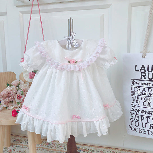 Baby Girl Spring Summer White Vintage Smoking Embroidery