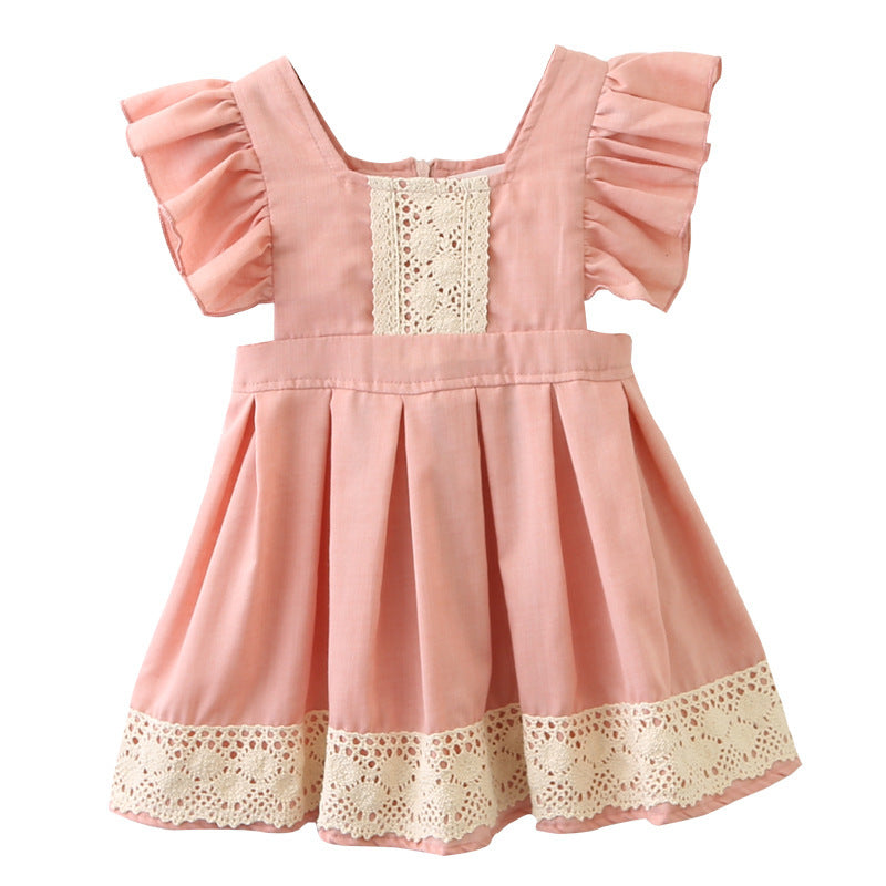 Fille bébé mignon racine de Lotus rose robe enfants princesse couture dentelle manches volantes jupe courte