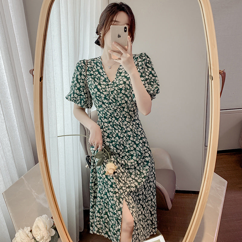 Women's French Floral Puff Sleeve Dress