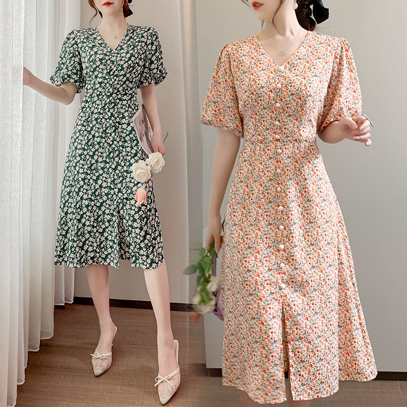 Women's French Floral Puff Sleeve Dress