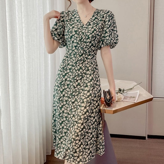 Women's French Floral Puff Sleeve Dress