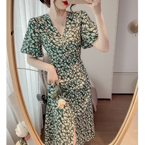 Women's French Floral Puff Sleeve Dress