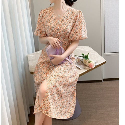 Women's French Floral Puff Sleeve Dress