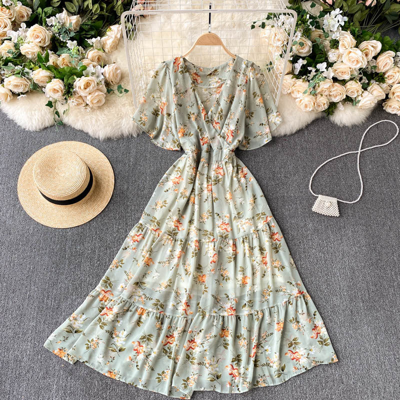 Robe à fleurs pour femmes, tenue d'été, col en v, Slim, mi-longue, à volants, jupe de vacances